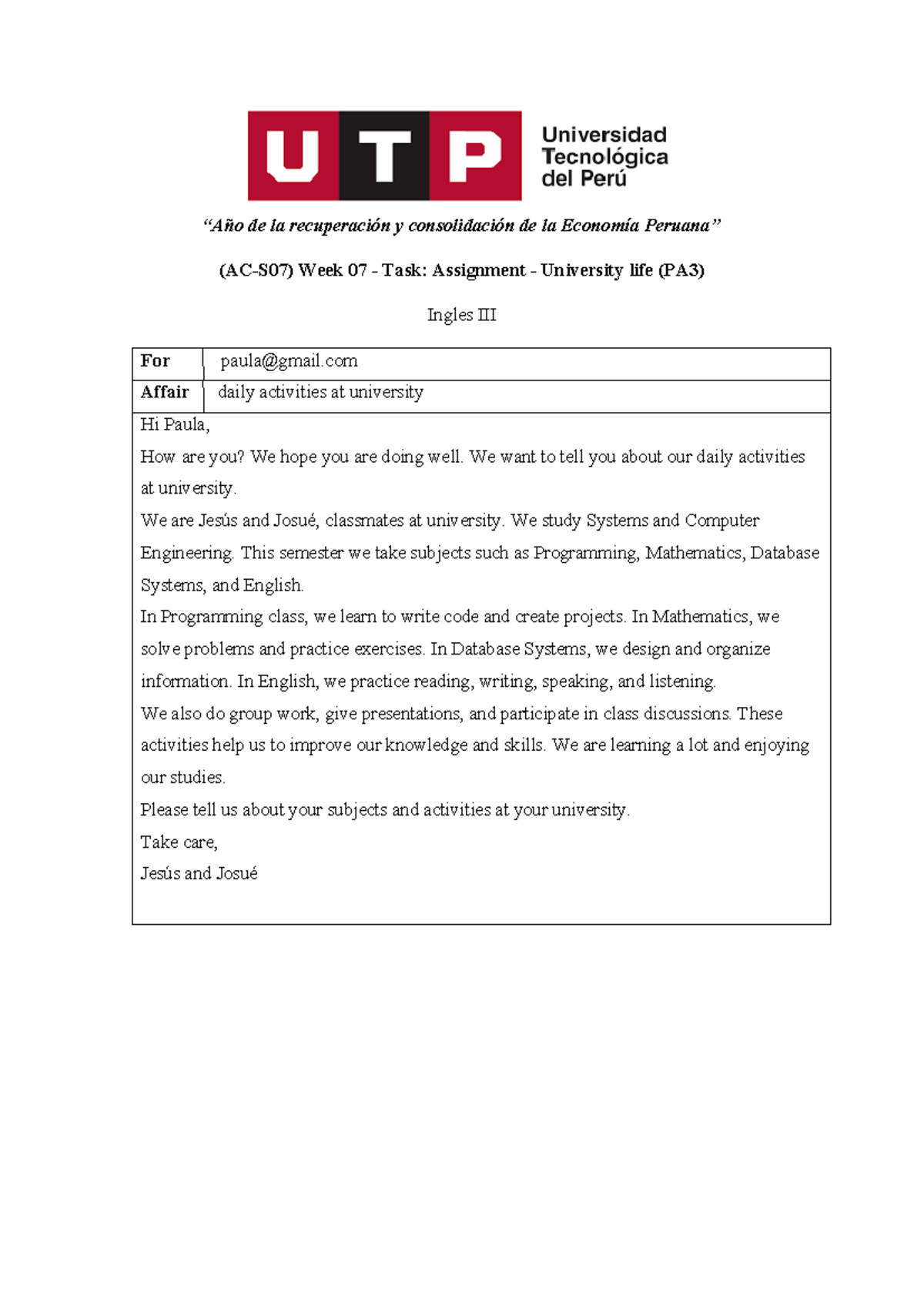 Week 07 Task: Daily Activities at University (PA3) - Studocu