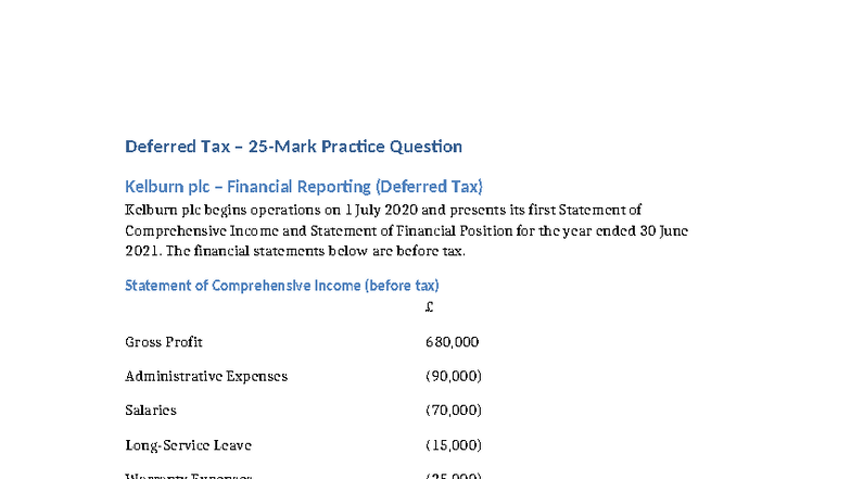 Deferred Tax Practice Question: Kelburn plc Financial Reporting - Studocu