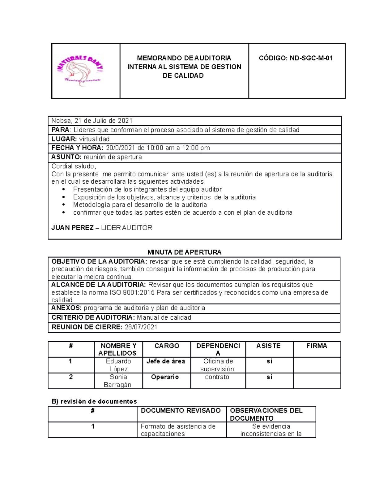 Memorando de Auditoría Interna ND-SGC-M: Reuniones y Procedimientos - Document Preview