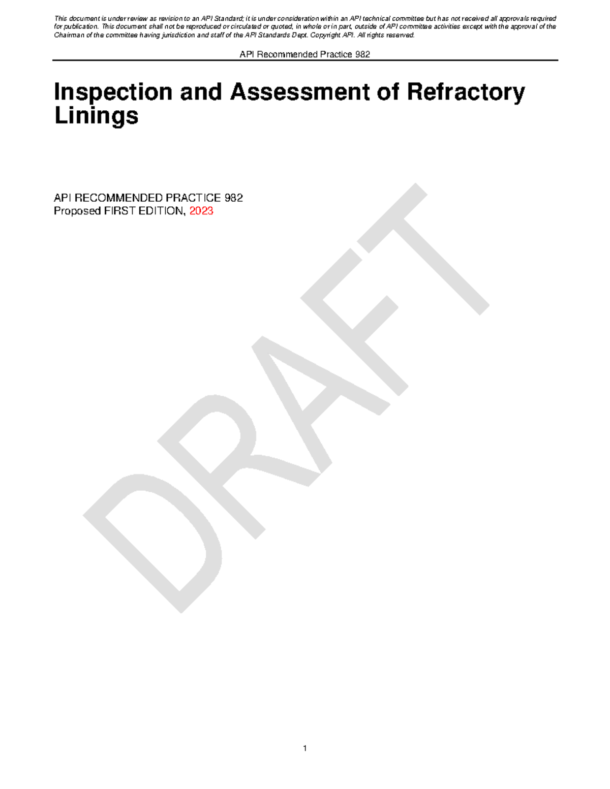 API 982 e1 Inspection & Assessment of Refractory Linings Final Draft ...