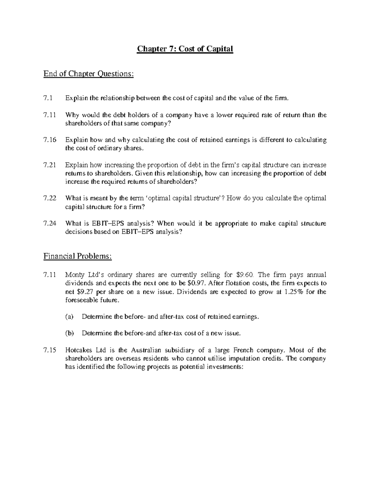 Ch 07 - Cost of Capital Questions & Problems - TUTORIAL - Studocu