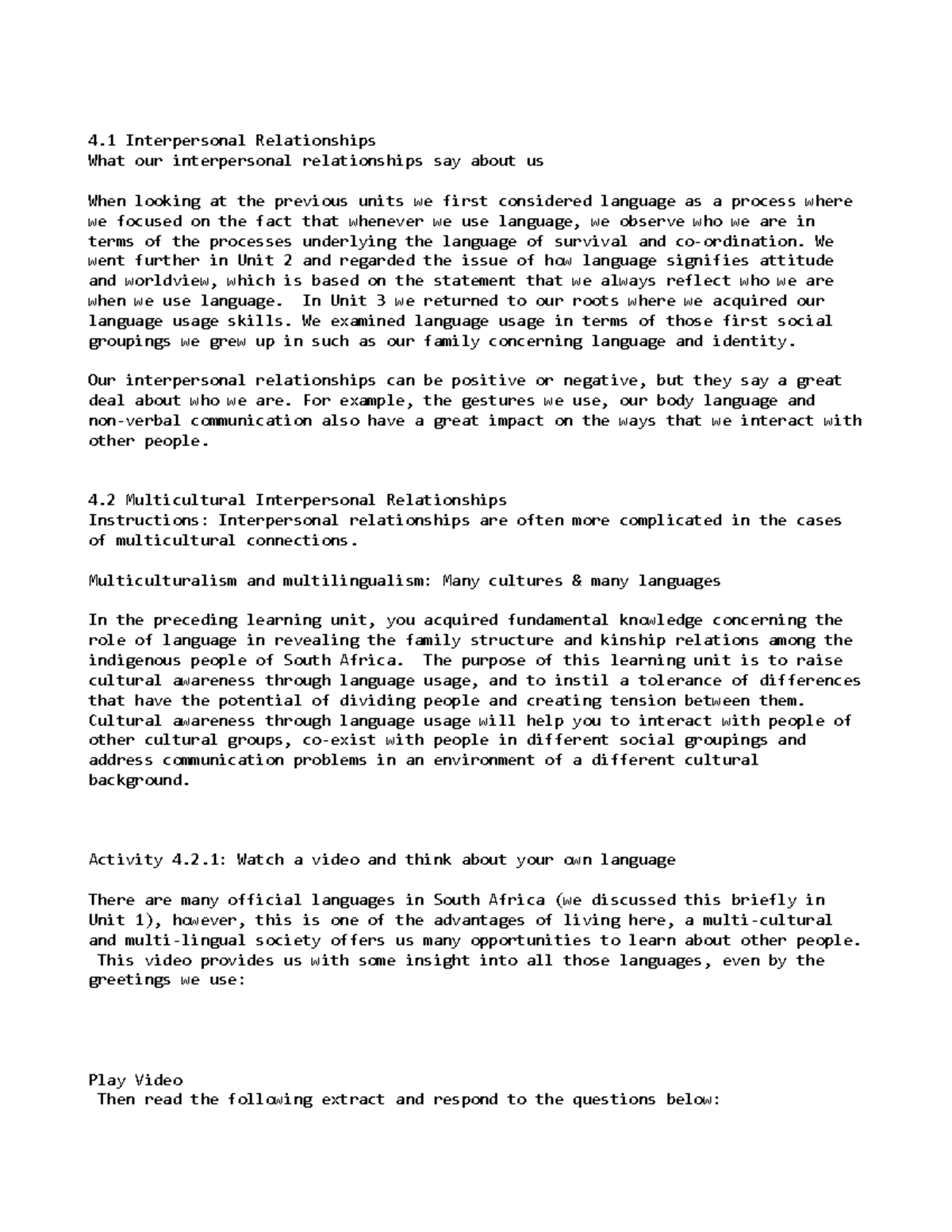 AFL Unit 4 - Interpersonal Relationships & Cultural Awareness Essay ...