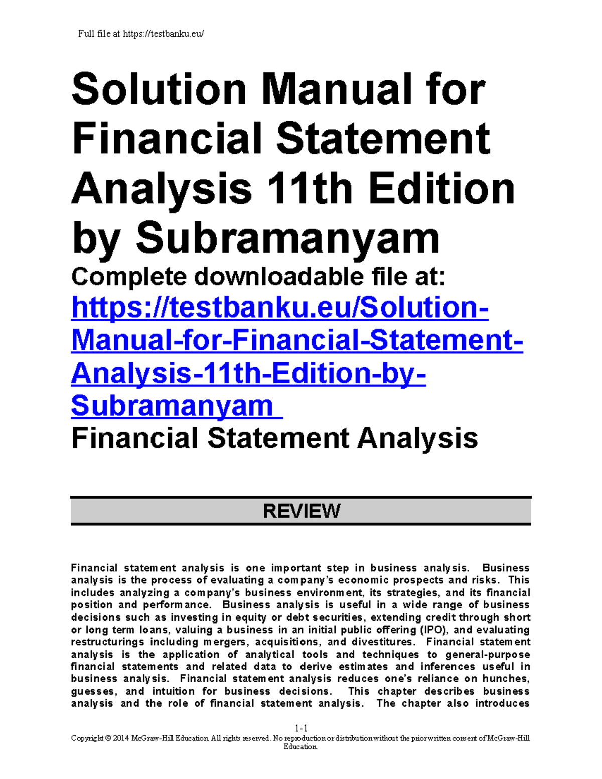 Solution Manual: Financial Statement Analysis (11th Edition) - Document Preview