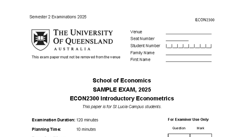 Sample Exam 2025 for ECON2300: Introductory Econometrics - Studocu
