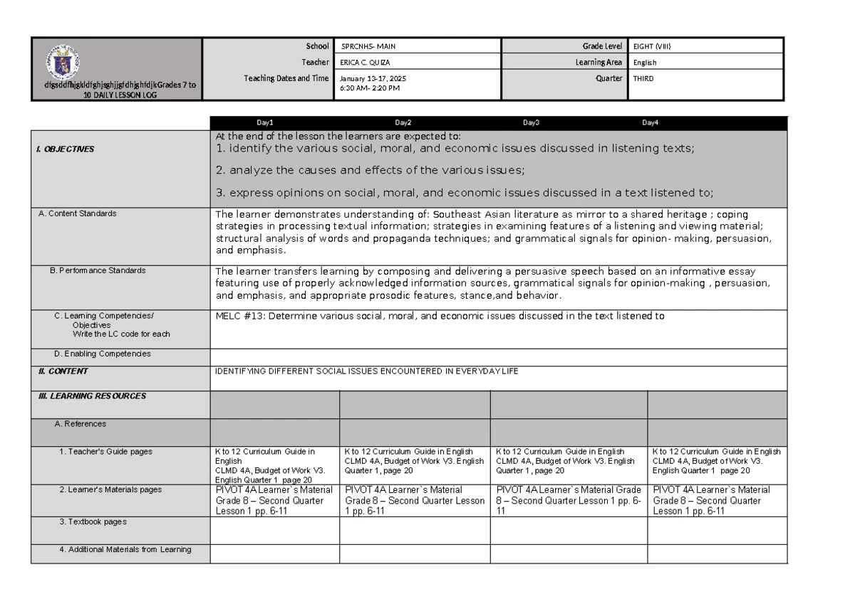 Daily Lesson Log (DLL) for Grade 8 English - 3rd Quarter - Studocu