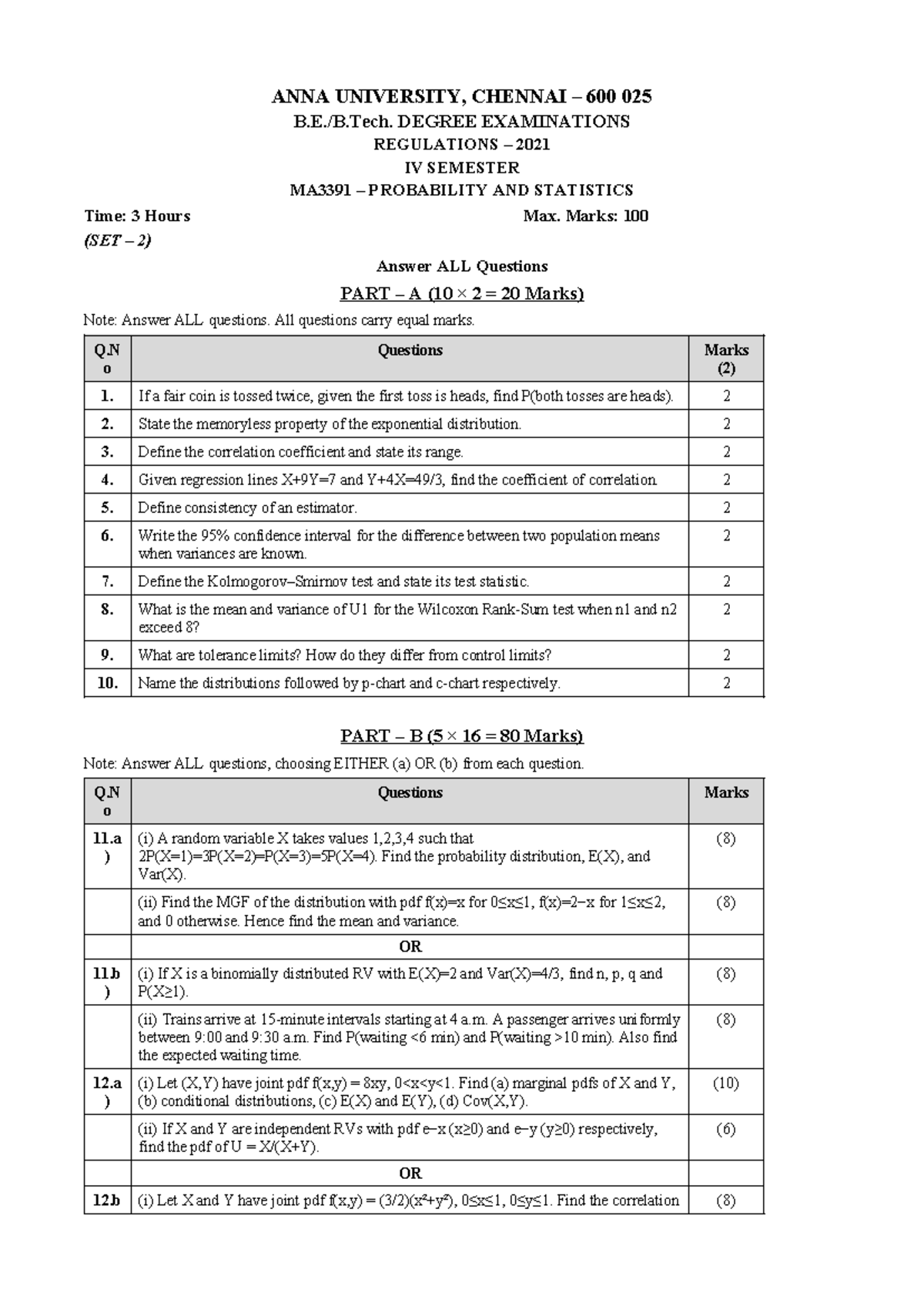 MA3391 IV Sem Probability & Statistics Exam QP Set 2 - Studocu