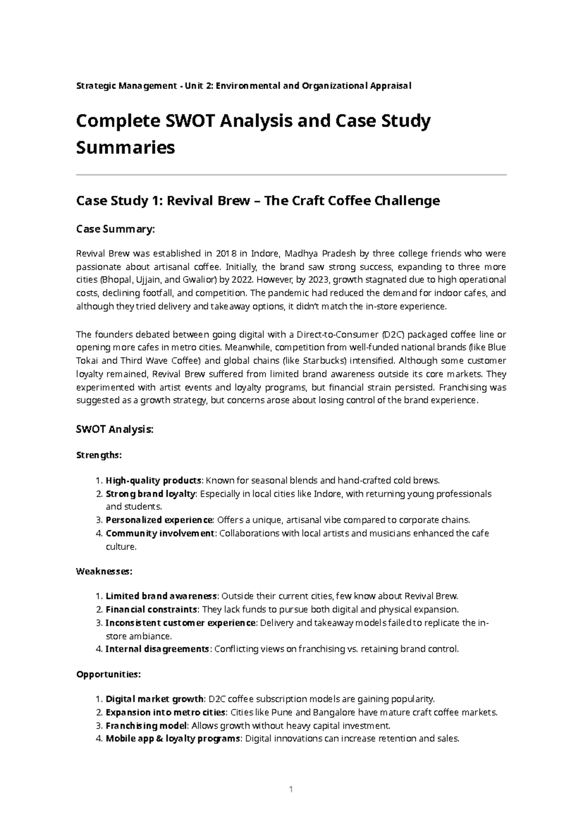 Strategic Management Unit 2: SWOT Analysis & Case Study Summaries - Studocu