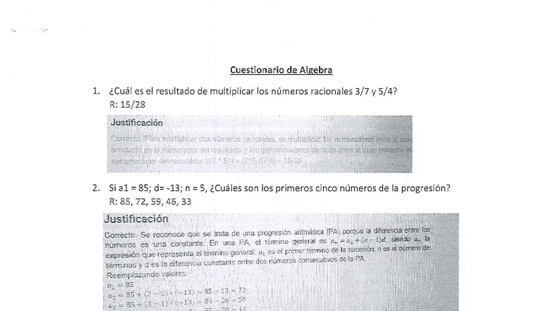 Examen de Algebra 1: Cuestionario y Justificaciones - Studocu