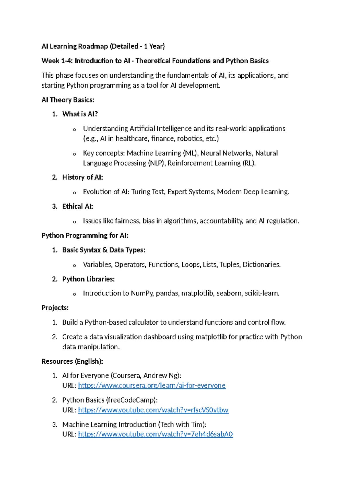 AI Learning Roadmap: A Comprehensive 1-Year Study Plan for AU - Studocu
