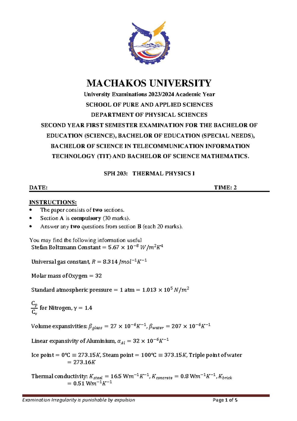 SPH 203: Final Exam Study Notes for Thermal Physics I - Studocu