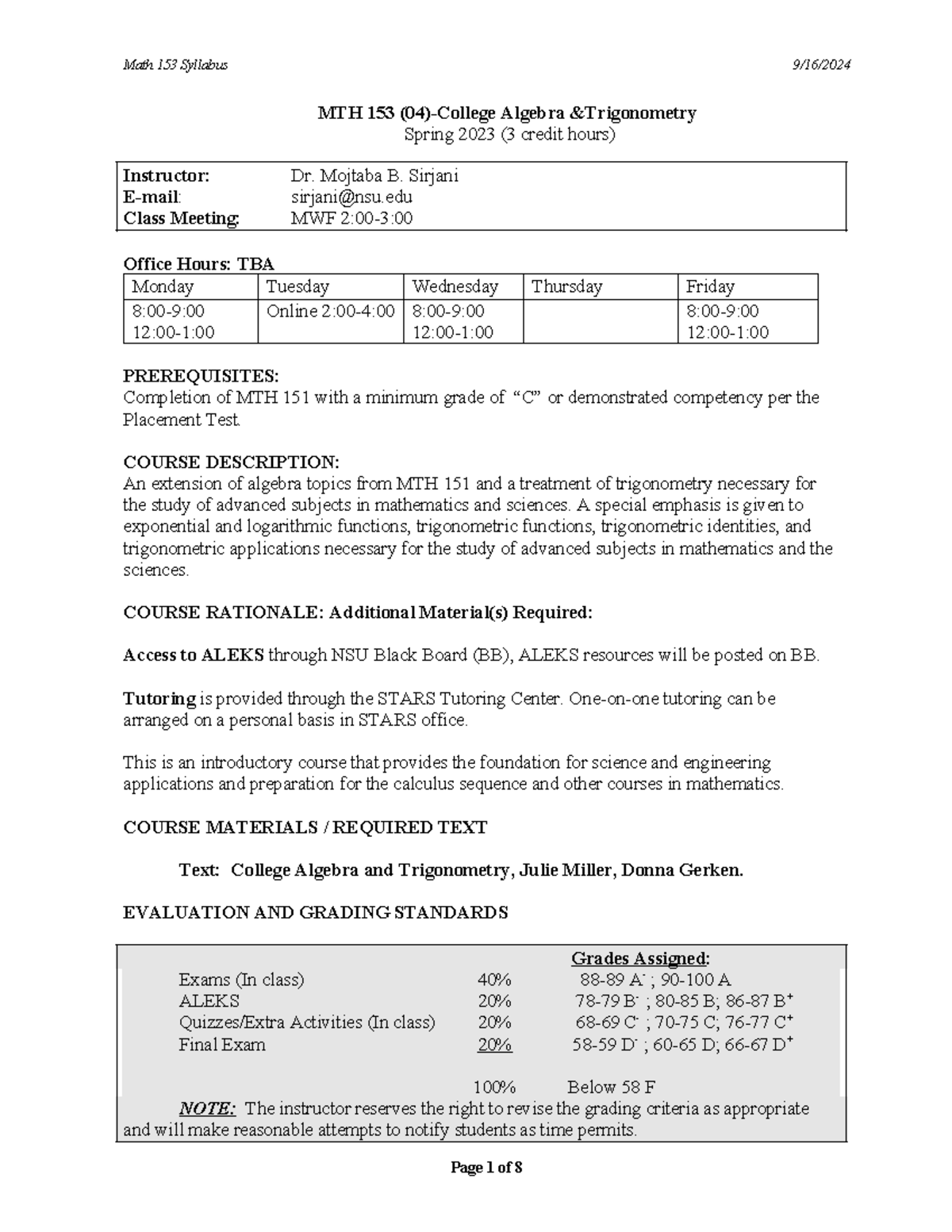 MTH 153-04 College Algebra & Trigonometry Syllabus Spring 2023 - Studocu