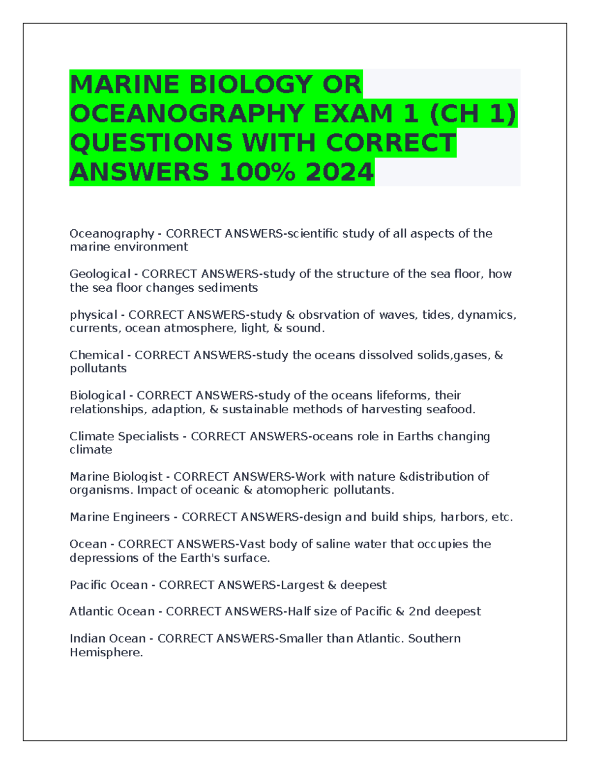 Marine Biology OR Oceanography Exam 1 Questions & Answers 2024 - Studocu