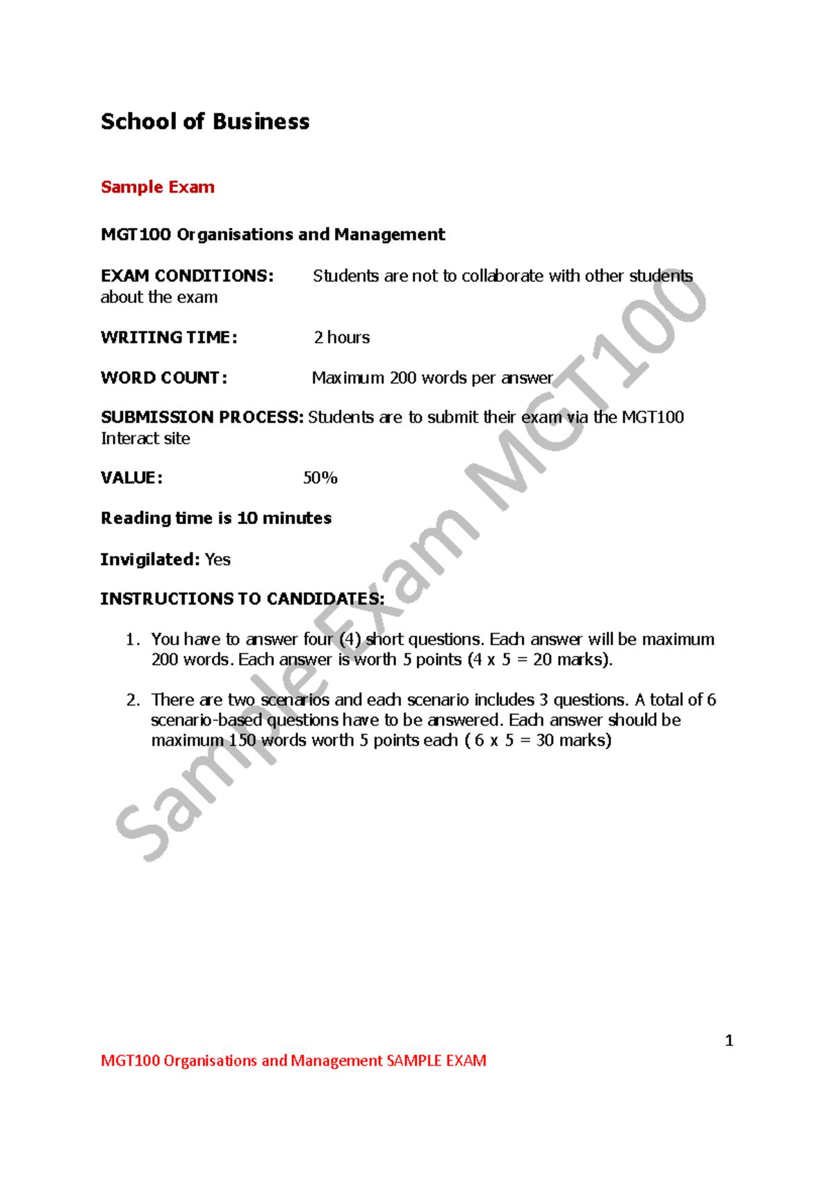 MGT100 Sample Exam 2360 - 1 School of Business Sample Exam MGT100 ...