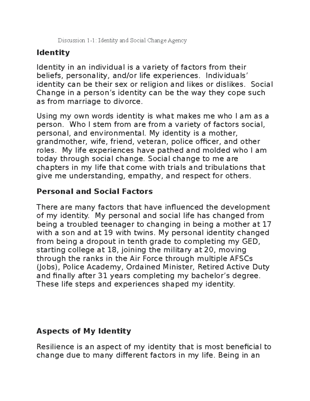 PSY 491 Discussion 1-1: Exploring Identity and Social Change - Studocu
