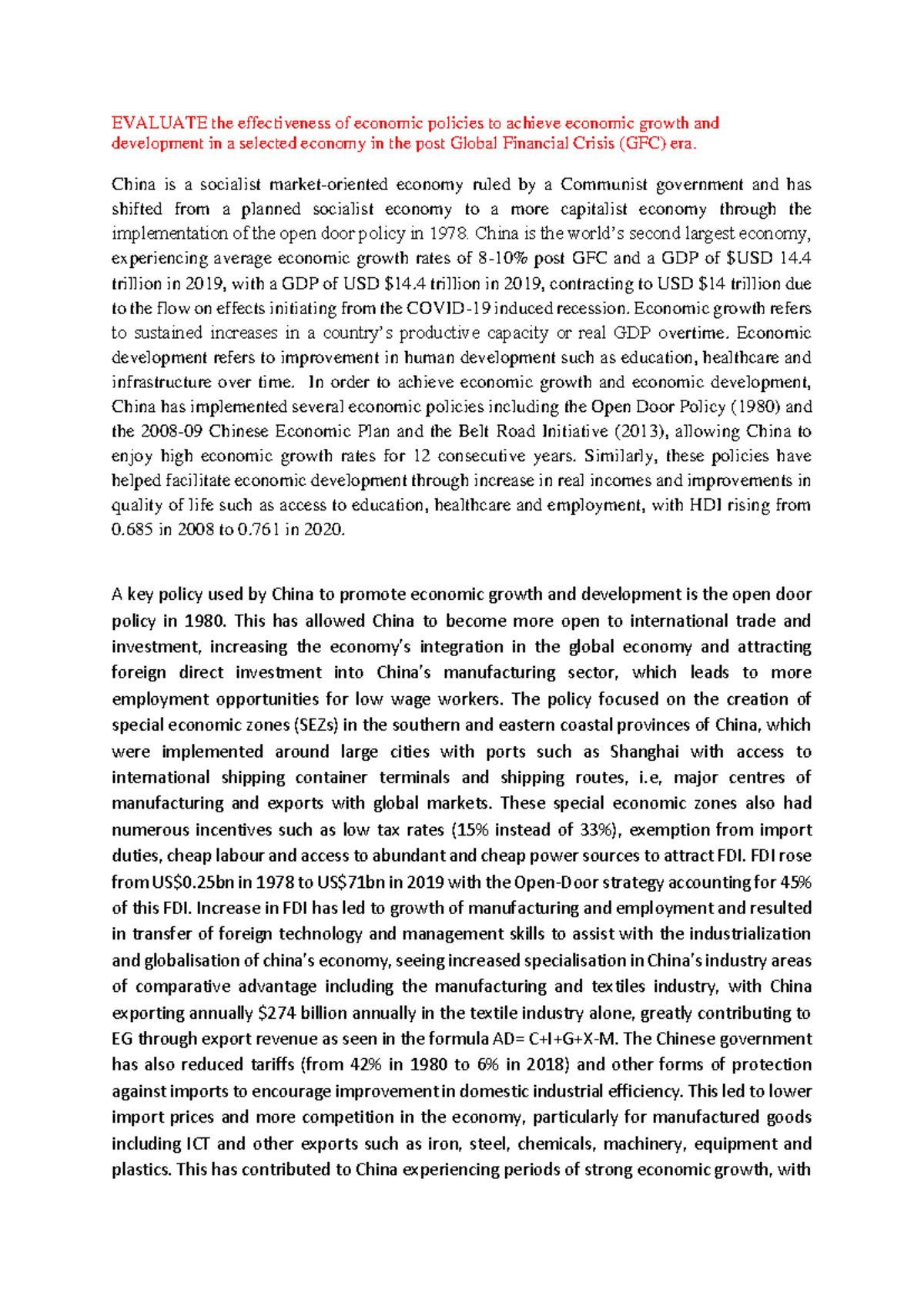China Case Study: Economic Policies for Growth & Development (Yr 12 ...