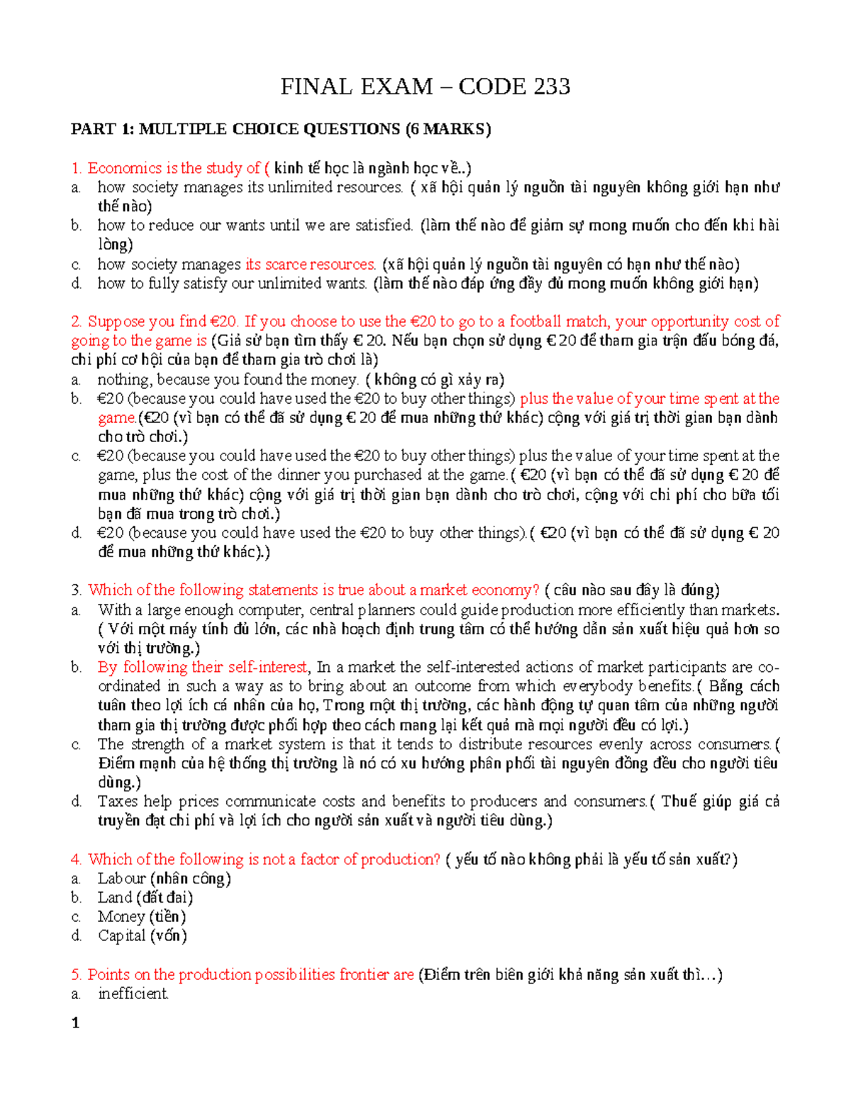 FINAL EXAM CODE 233: MULTIPLE CHOICE QUESTIONS (PART 1) - Studocu