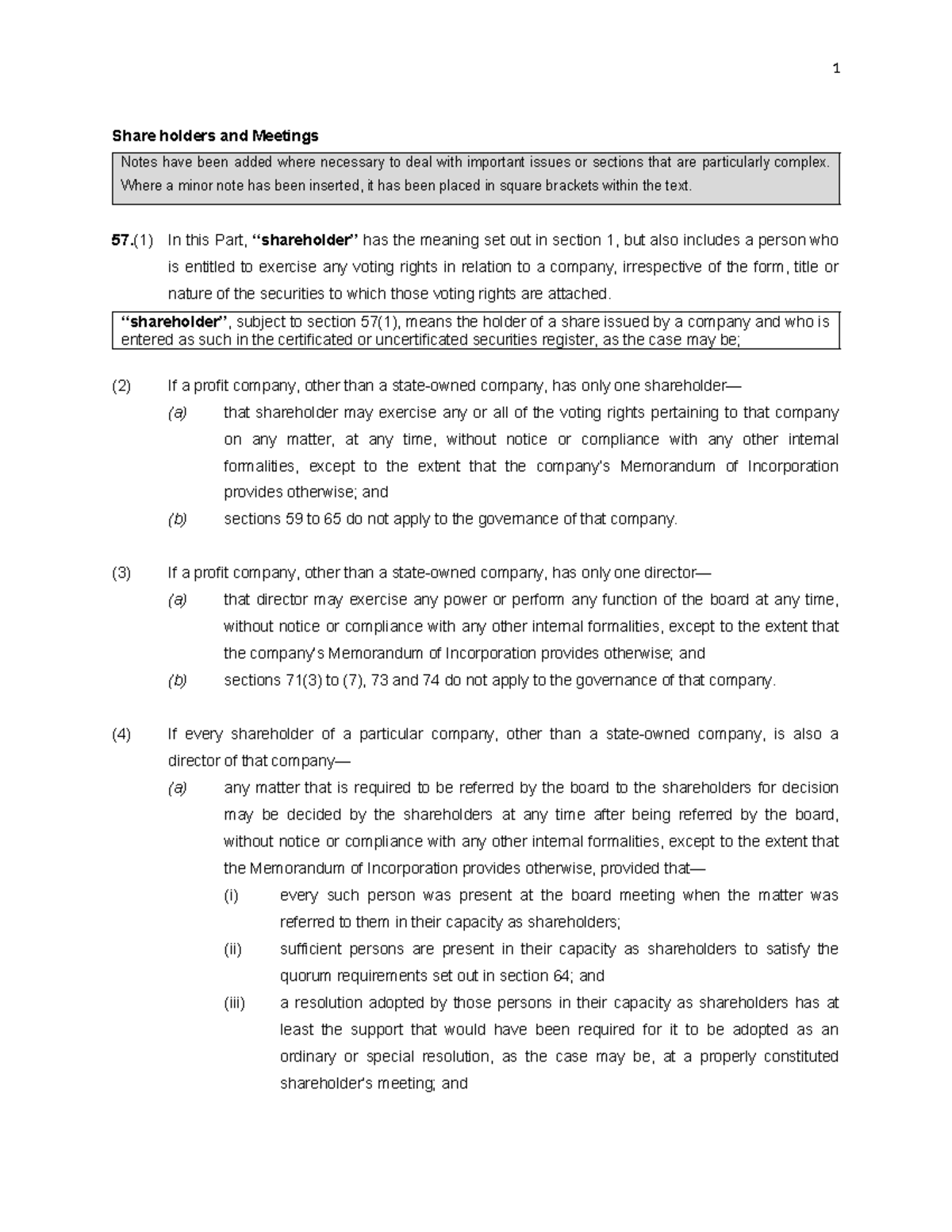 Shareholders & Company Meetings - Notes on Relevant Sections - Studocu