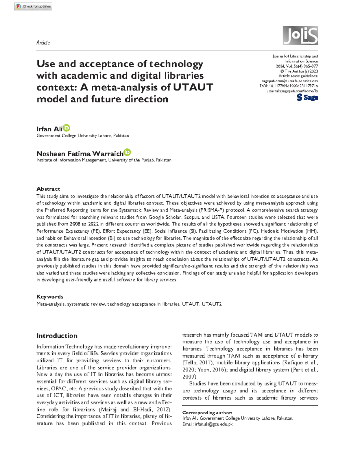 1179716 UTAUT Model: Meta-Analysis on Tech Acceptance in Academic ...
