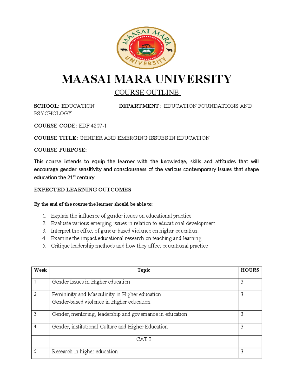 EDF 4207 Course Outline - MAASAI MARA UNIVERSITY COURSE OUTLINE SCHOOL ...