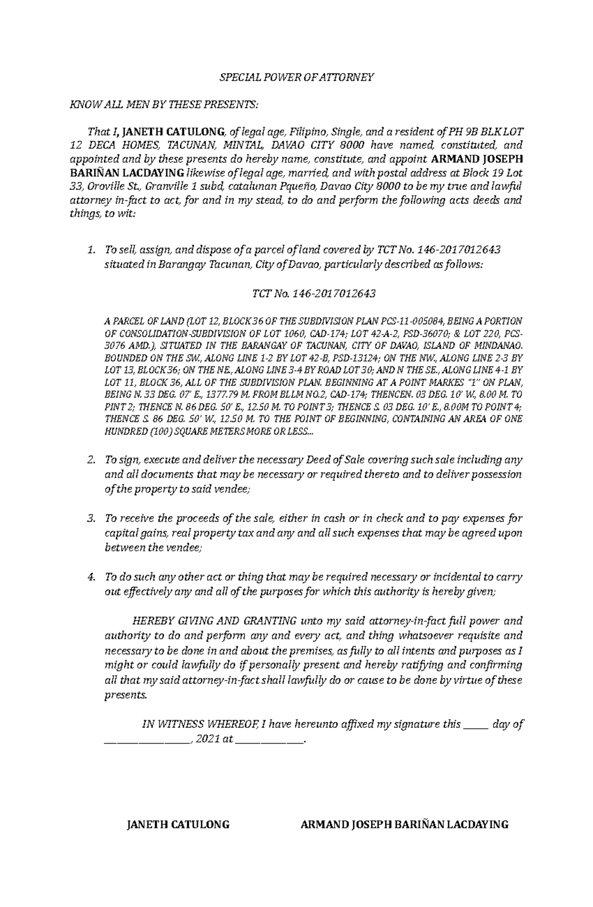 SPA Template for Selling Property - Janeth Catulong - Studocu