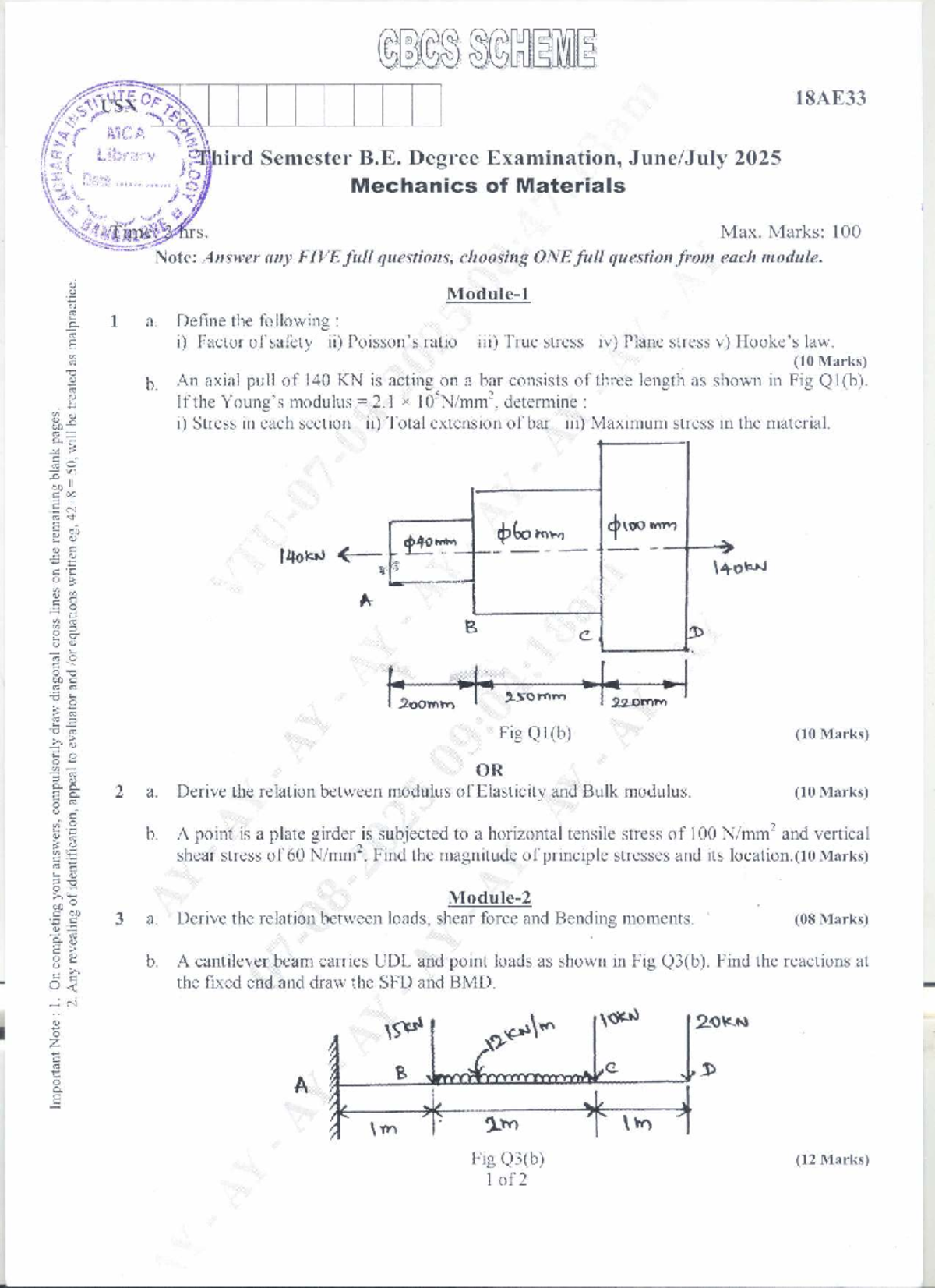 Mechanics of Materials - 18AE33 Final Exam Guide - Studocu
