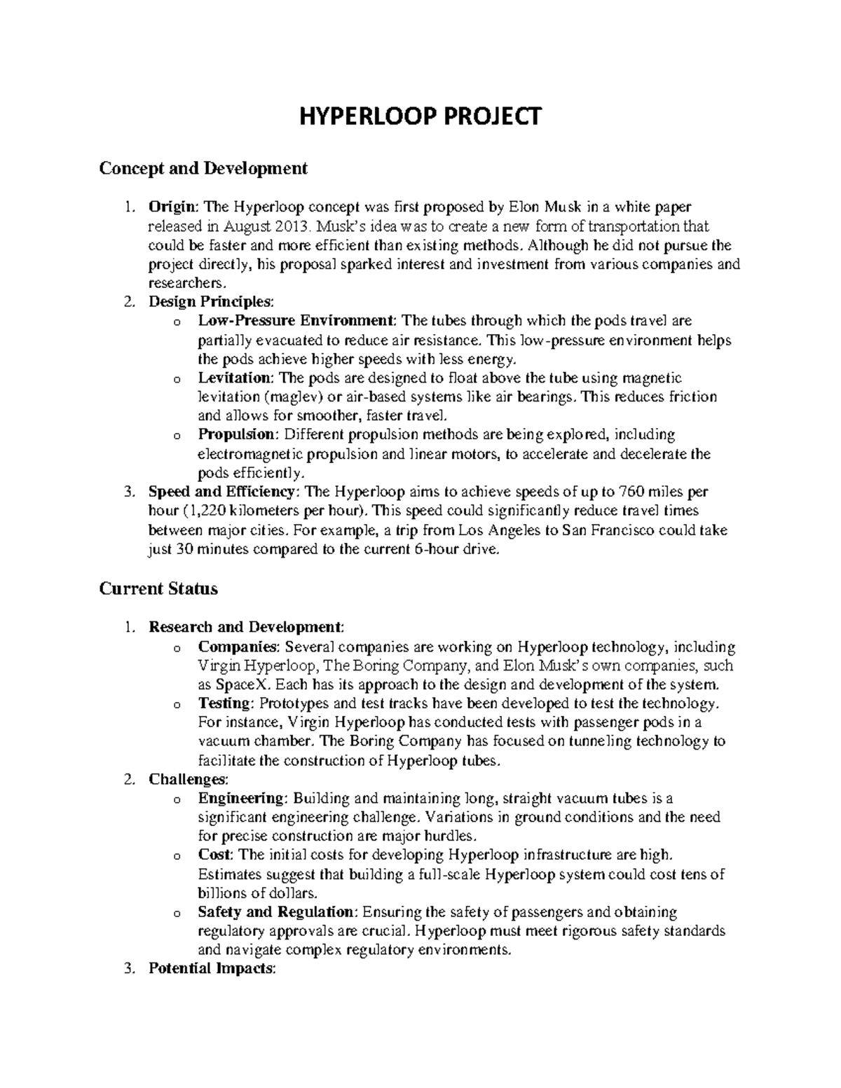 HYPERLOOP Project Summary: Concept, Development, and Current Status ...