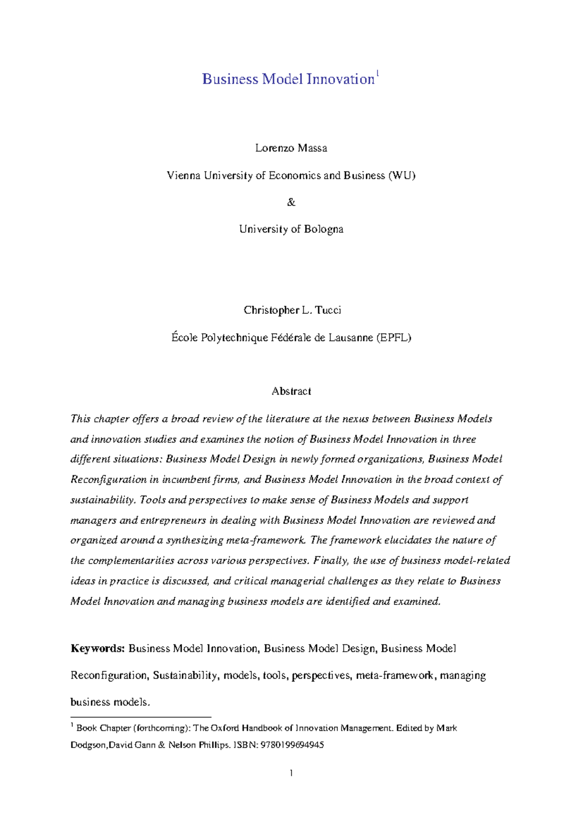 Business Model Innovation: Insights from the Oxford Handbook of ...