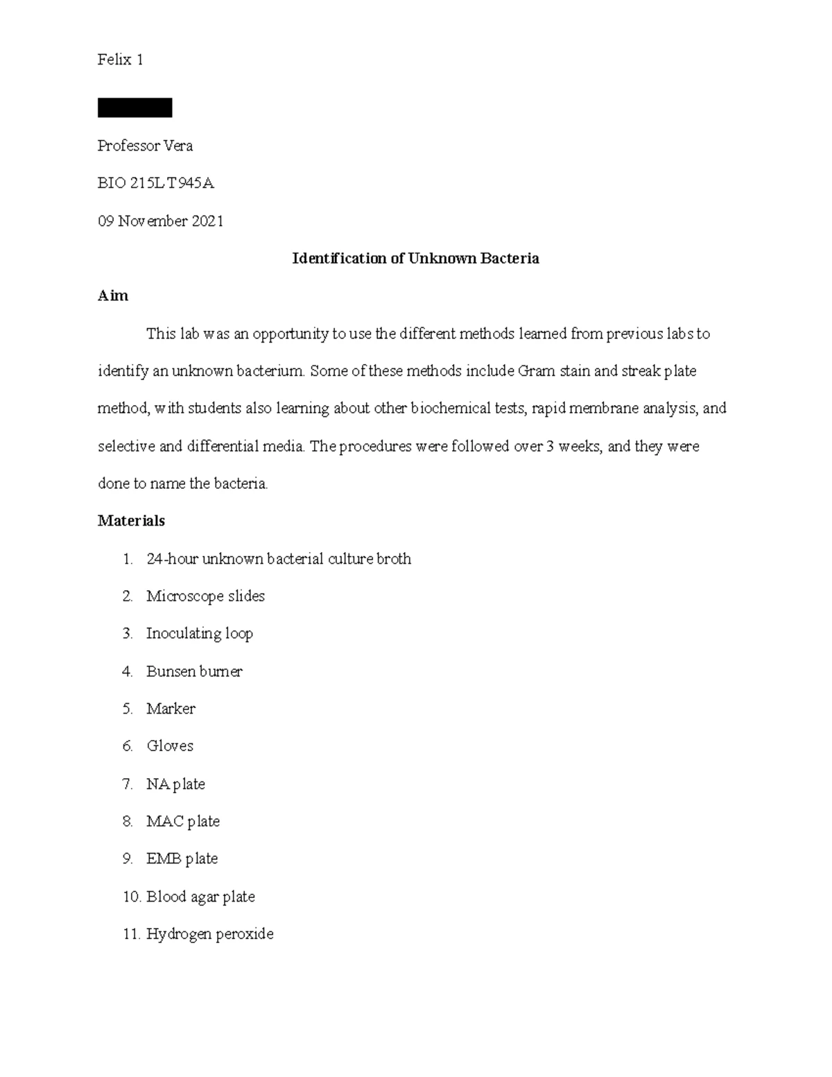 Unknown Bacteria Lab Report - W BIO-215L Identification of Unknown ...