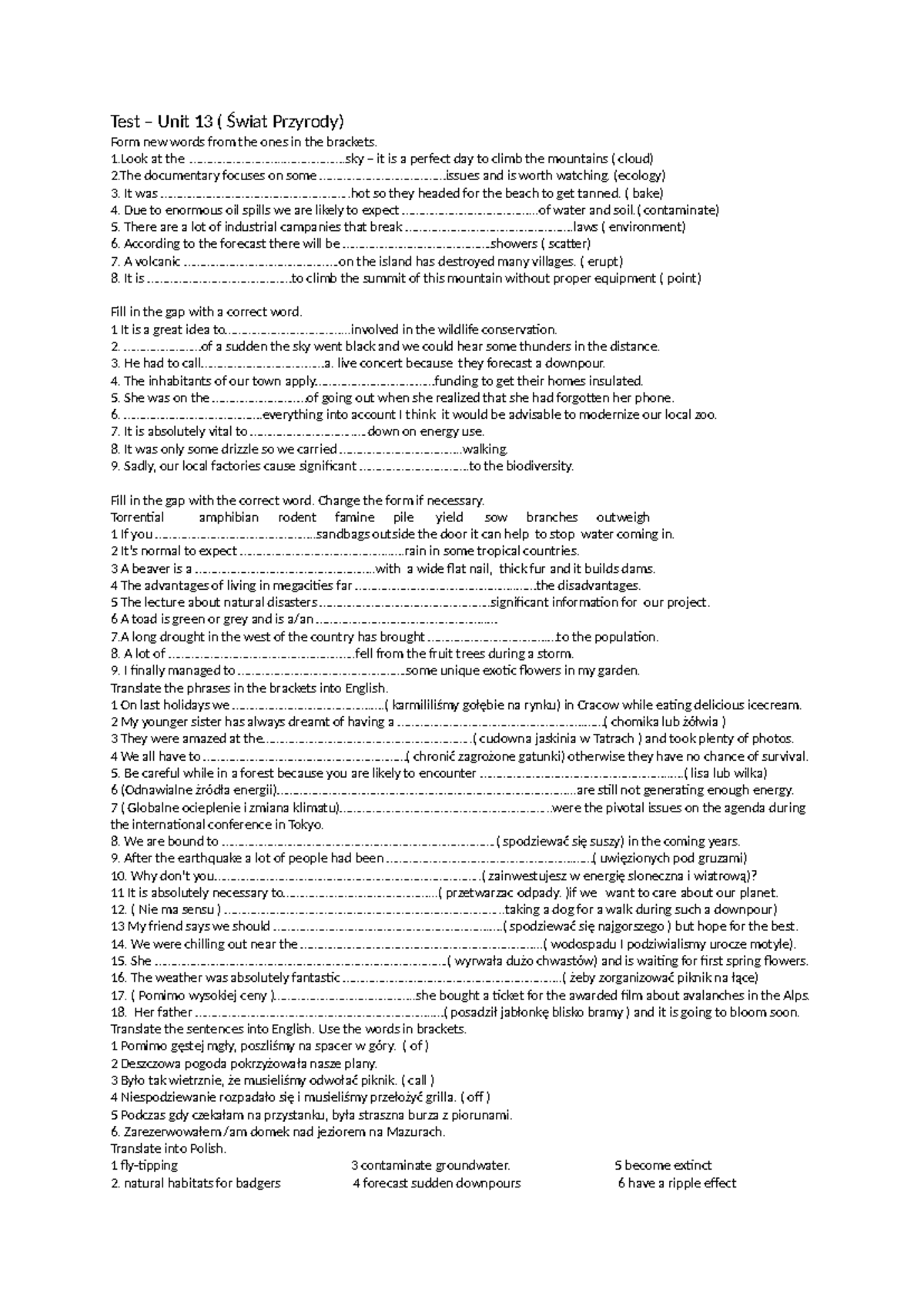 Test Unit 13 (Świat Przyrody) - Vocabulary and Translation Exercises ...