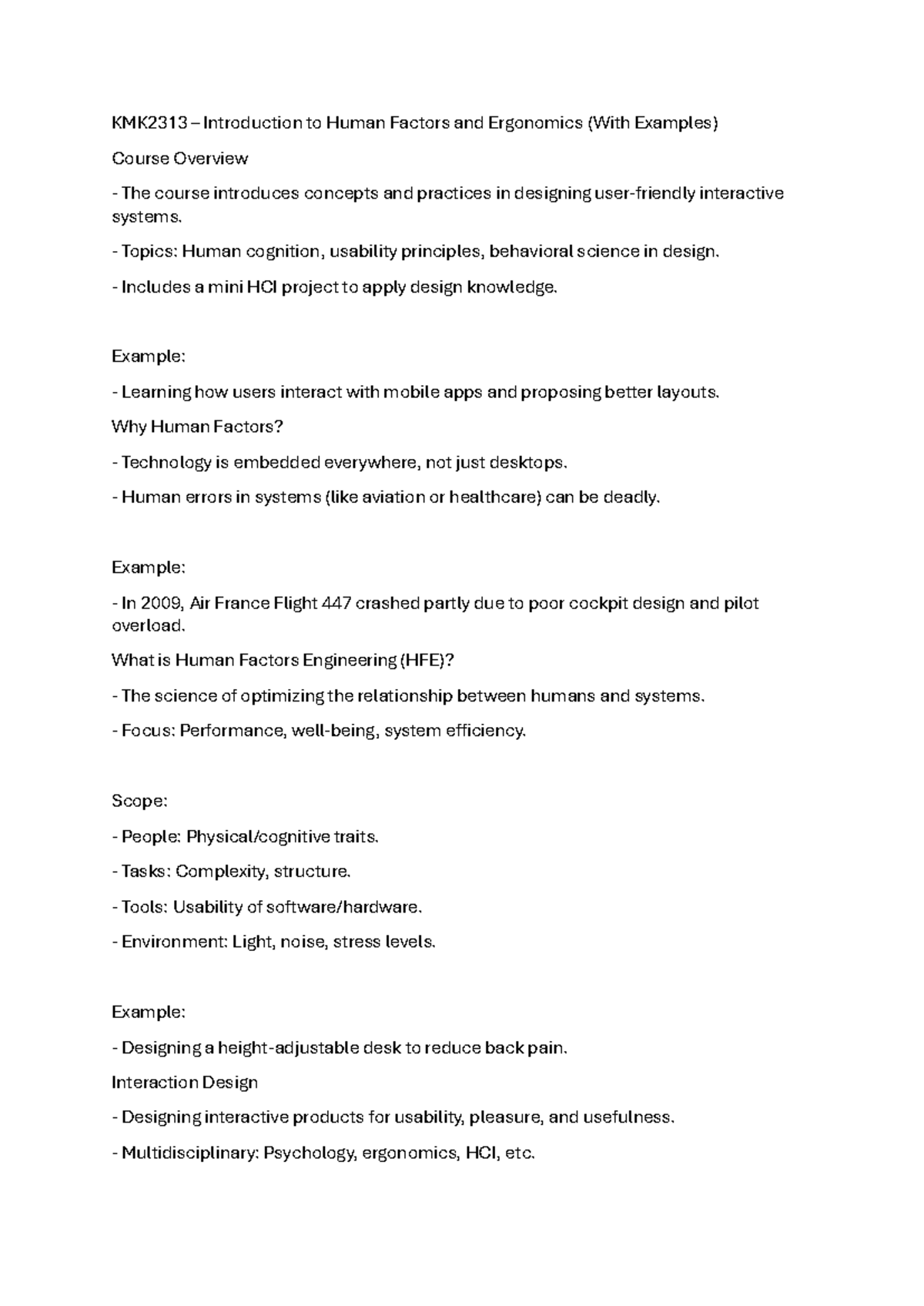 KMK2313 Final Exam Notes on Human Factors and Ergonomics - Studocu