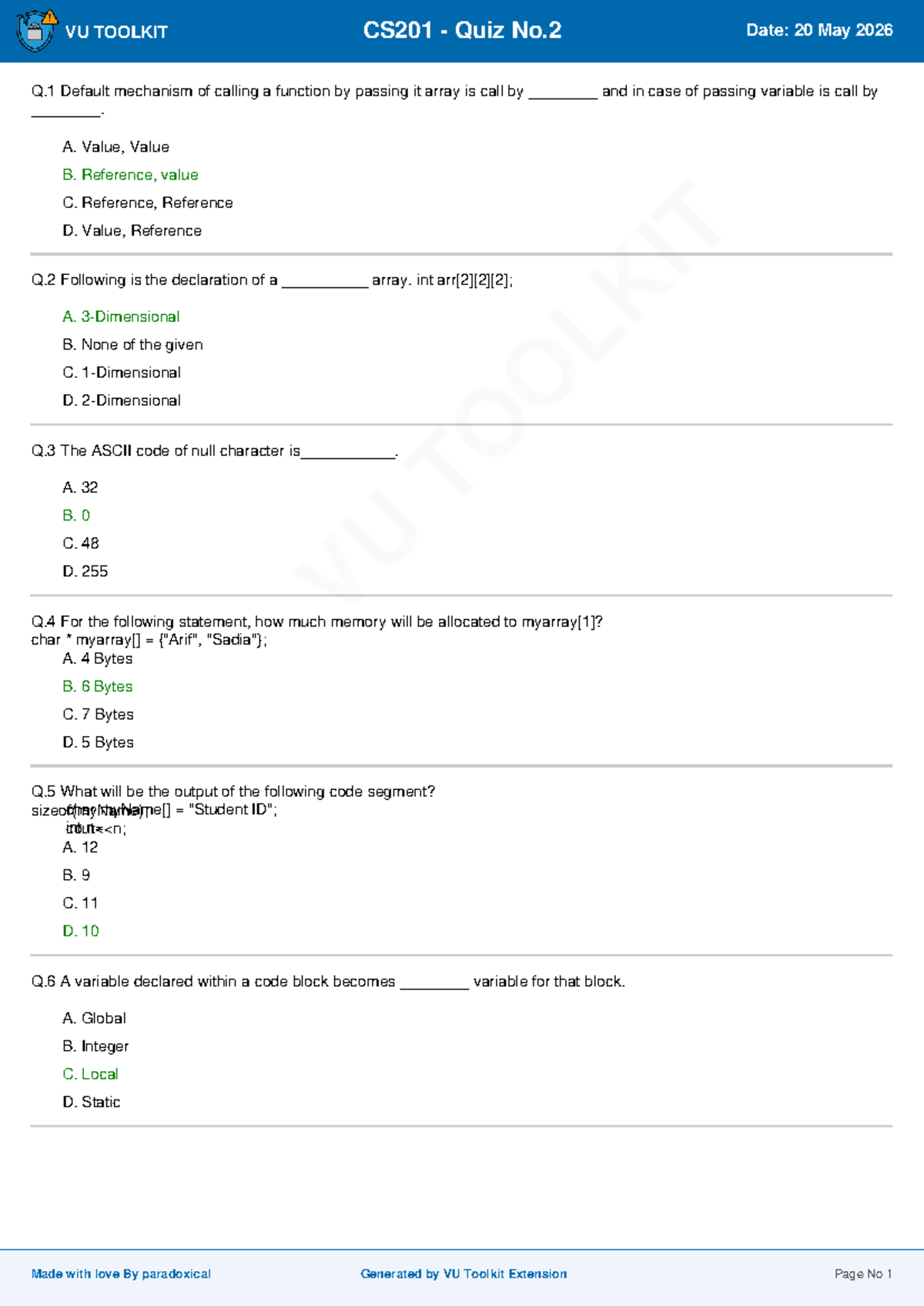 VU TOOLKIT CS201 Quiz No.2 - Key Concepts and Questions - Studocu