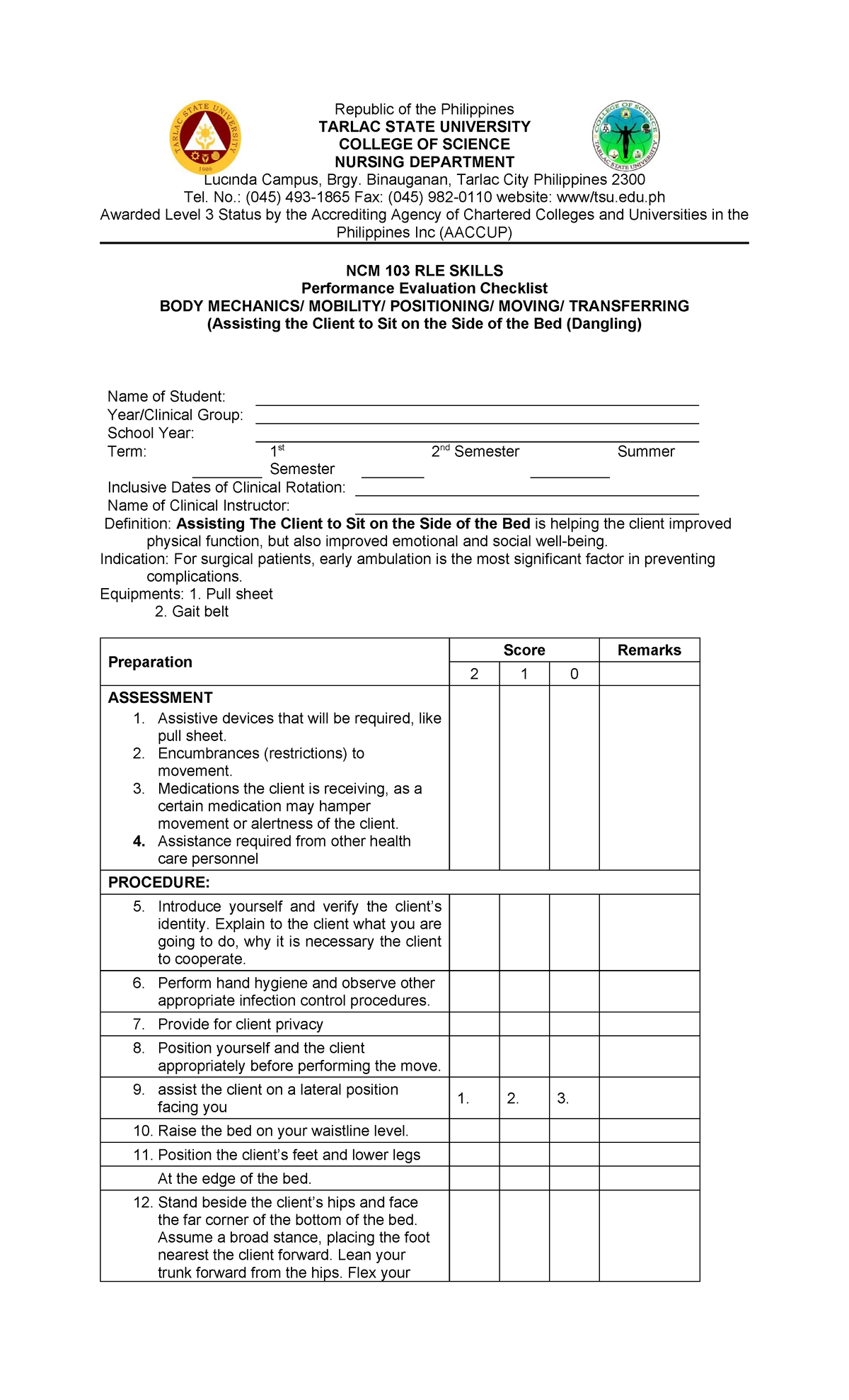 NCM 103 RLE Skills: Body Transferring Evaluation Checklist - Studocu