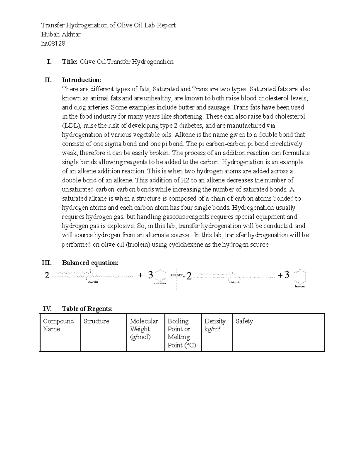 Experiment 7: Transfer Hydrogenation of Olive Oil Lab Report - Studocu
