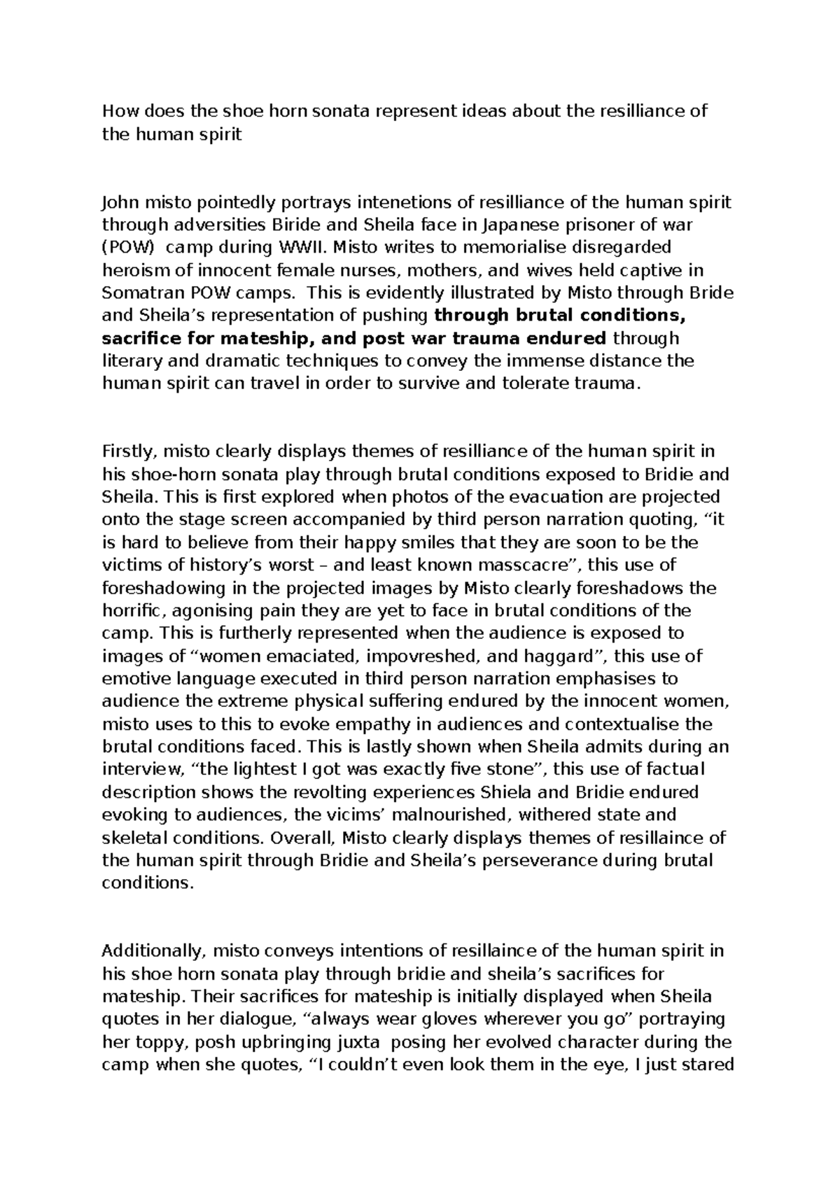 English Essay: Resilience of the Human Spirit in Shoe Horn Sonata - Studocu