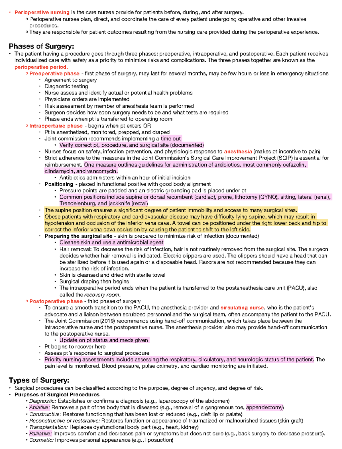 Perioperative Nursing Care: Comprehensive Overview for Chapter 37 - Studocu