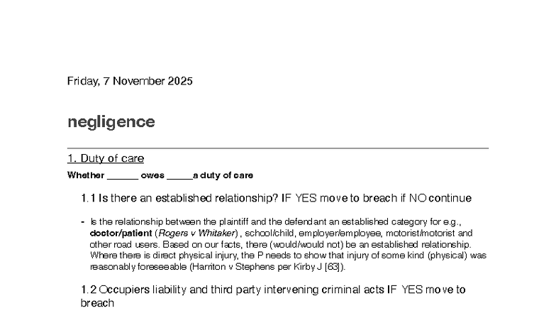 Torts 2025 - Negligence Exam Notes and Duty of Care Analysis - Studocu