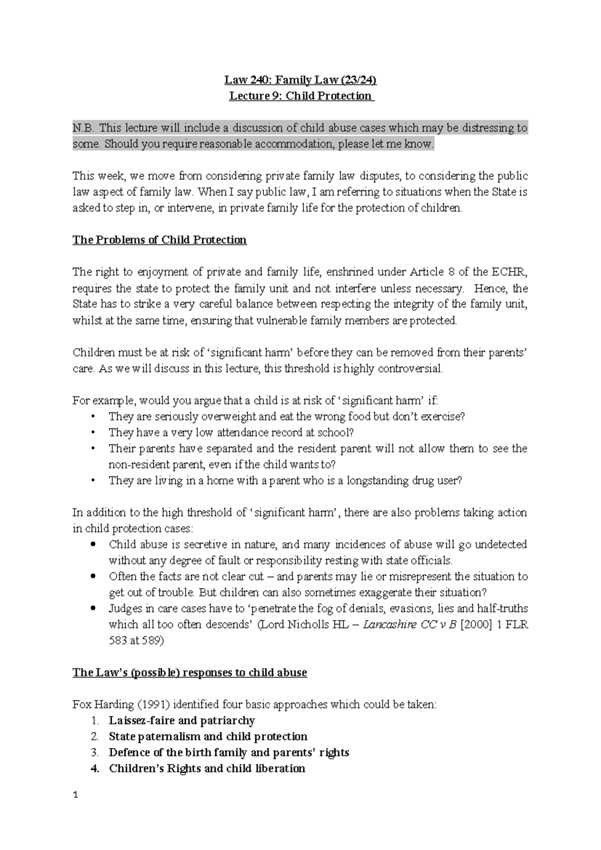 2023-24 Child Protection Lecture Handout - Law 240: Family Law (23/24 ...