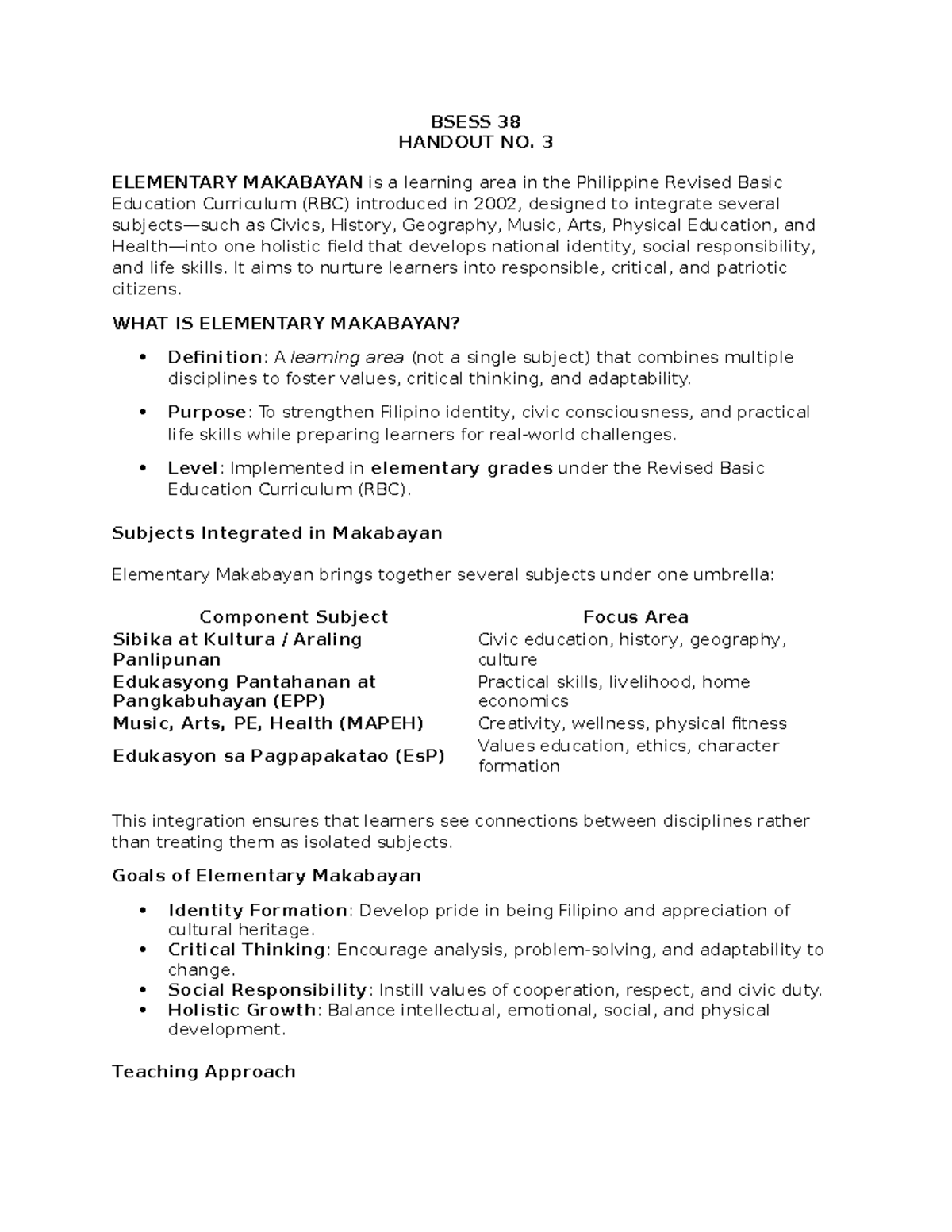 BSESS 38 HANDOUT NO. 3: Overview of Elementary Makabayan - Studocu