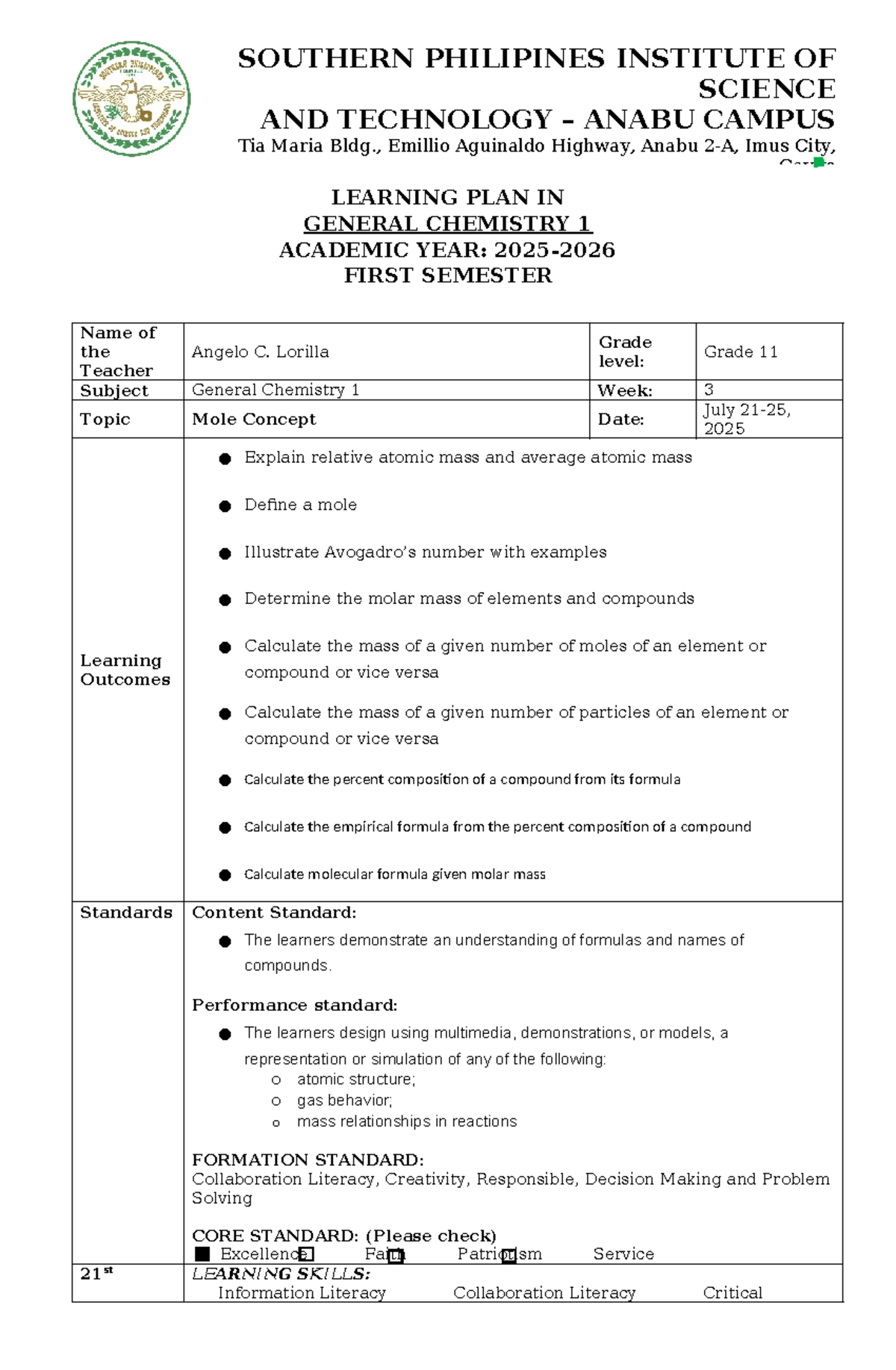 GenChem 1 Learning Plan: Week 3 - The Mole Concept (Lorilla) - Studocu