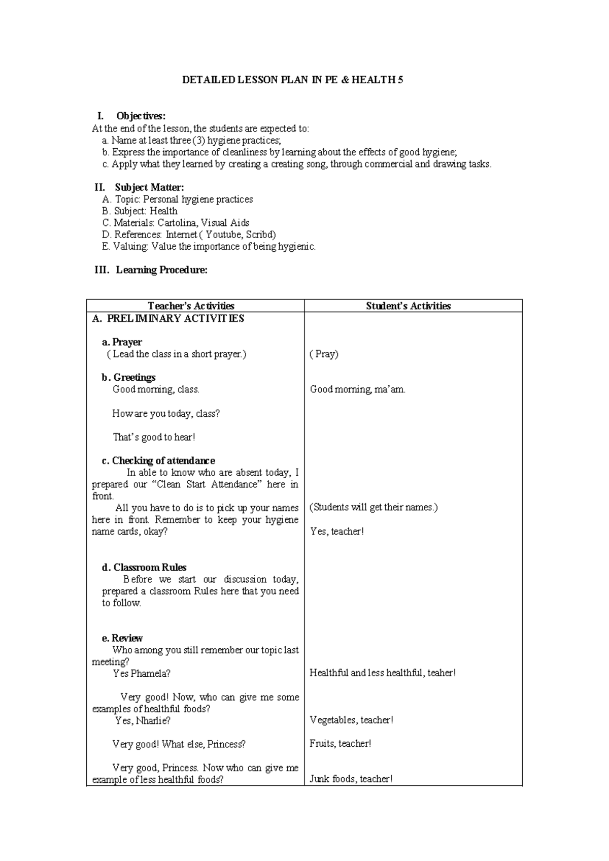 DLP PE 121405 - Detailed Lesson Plan on Personal Hygiene Practices ...