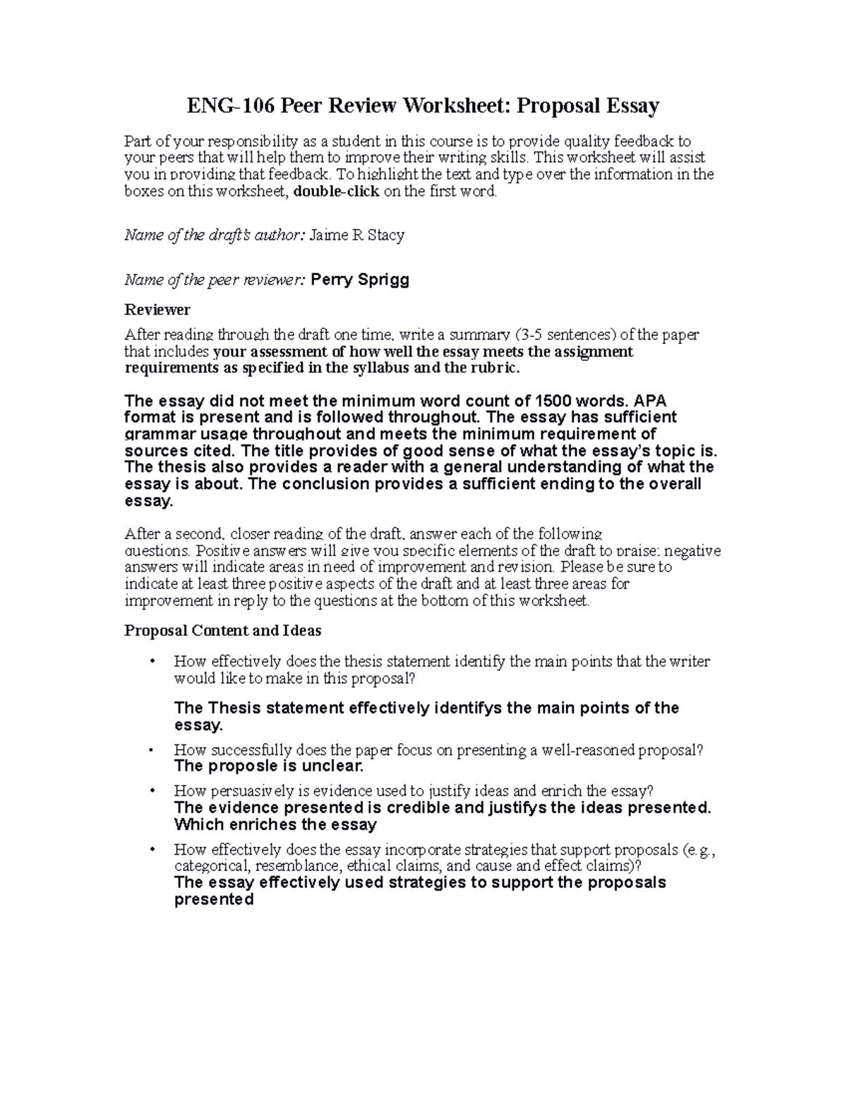 ENG-106 Proposal Essay Peer Review Worksheet Guide - Studocu