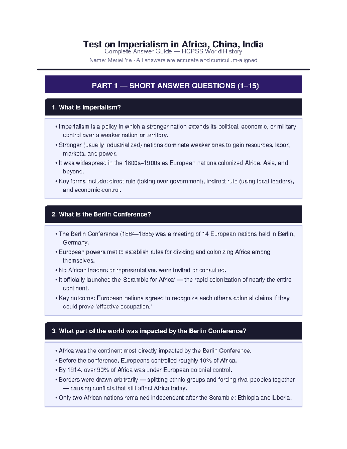 HCPSS World History: Imperialism Study Guide - Africa, China, India ...