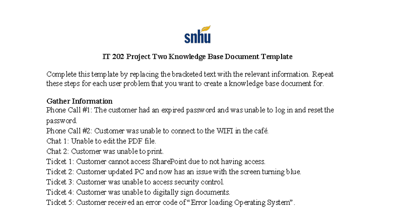 IT 202 Project Two: Knowledge Base Document Template Guide - Studocu