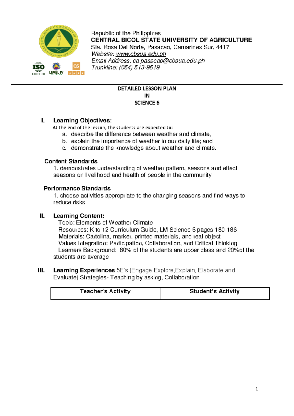 DLP-SCIENCE 6 - Detailed Lesson Plan on Weather and Climate - Studocu