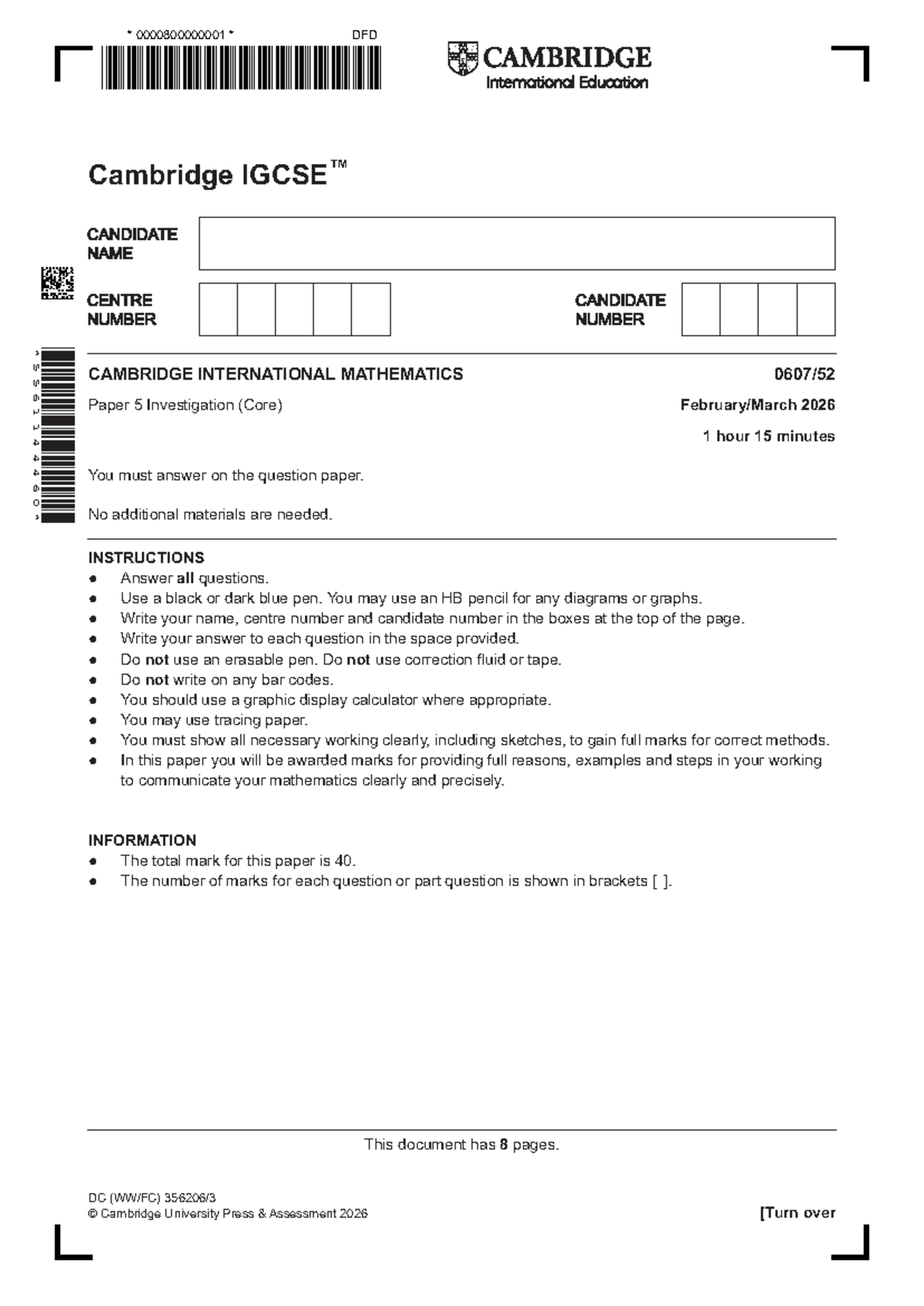 Cambridge International Mathematics 0607/5 Investigation Paper 2026 ...