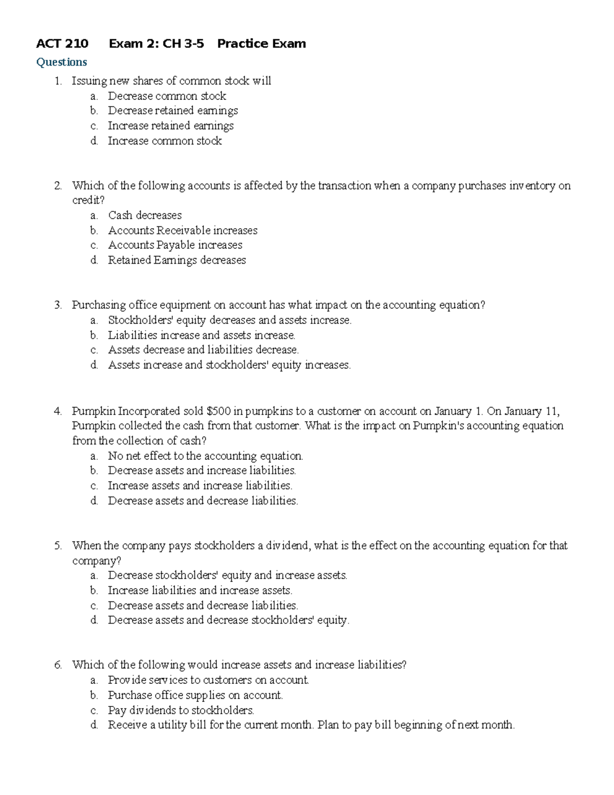 ACT 210: Exam 2 Practice Questions for Chapters 3-5 - Studocu