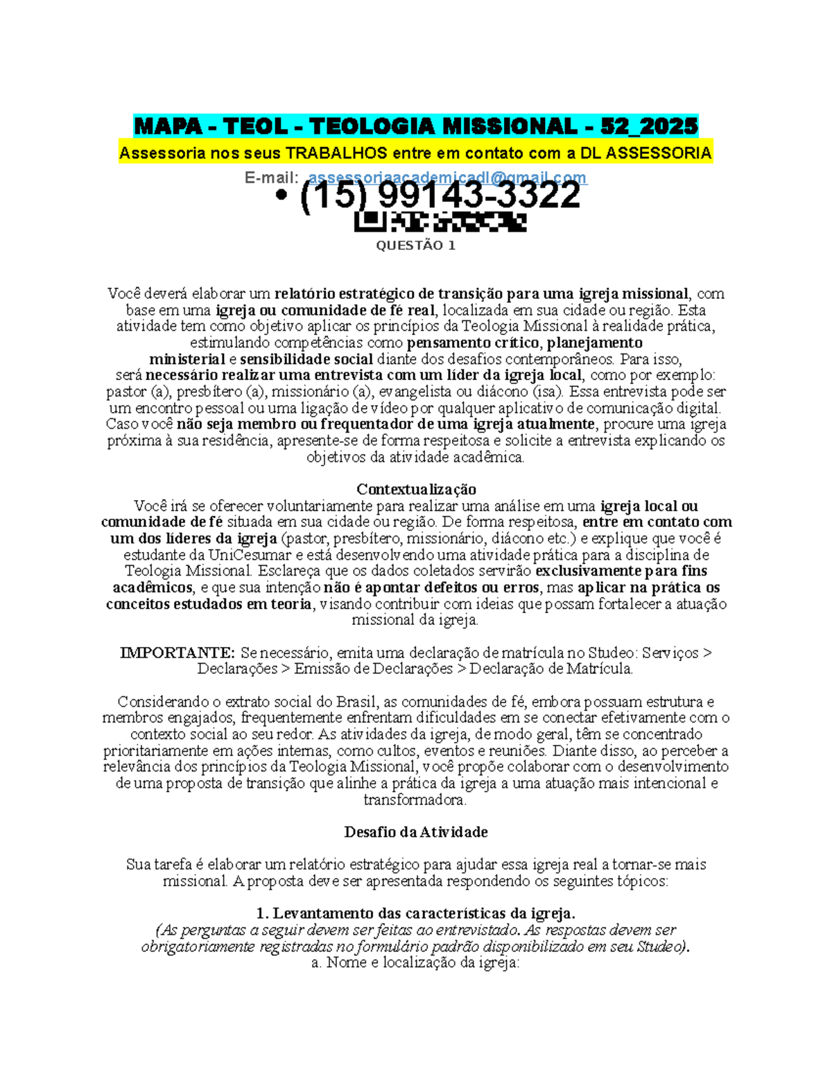 Relatório Estratégico de Transição para Igreja Missional - MAPA TEOL 52 ...