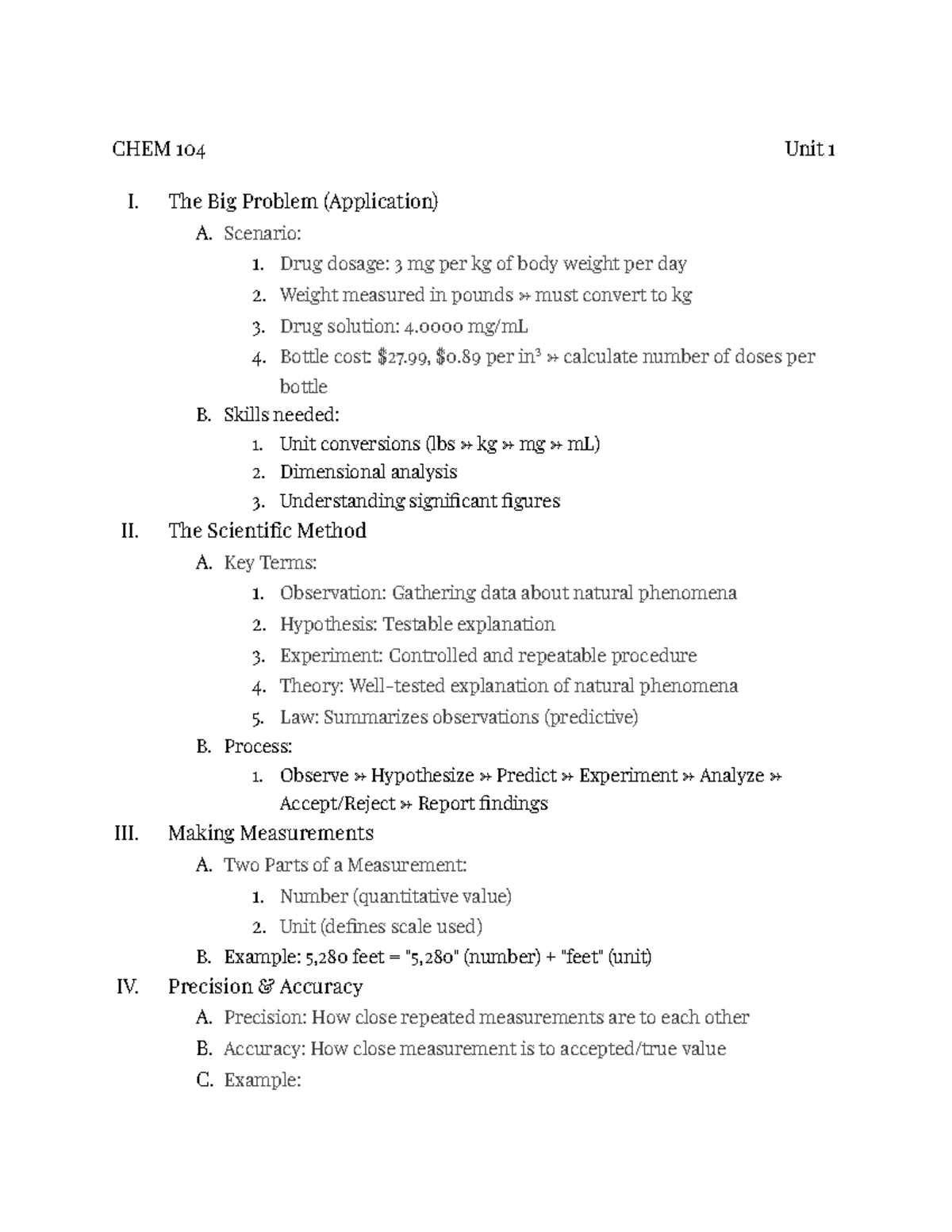 CHEM 104 Unit 1 Outline Drug Dosage & Measurement Concepts Studocu