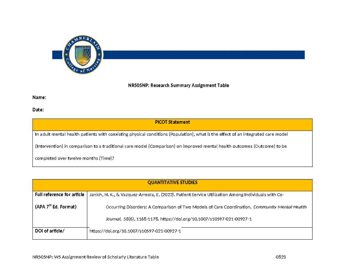 NR505NP Week 5 Research Summary Table Template V2 10 23-1 - NR505NP ...