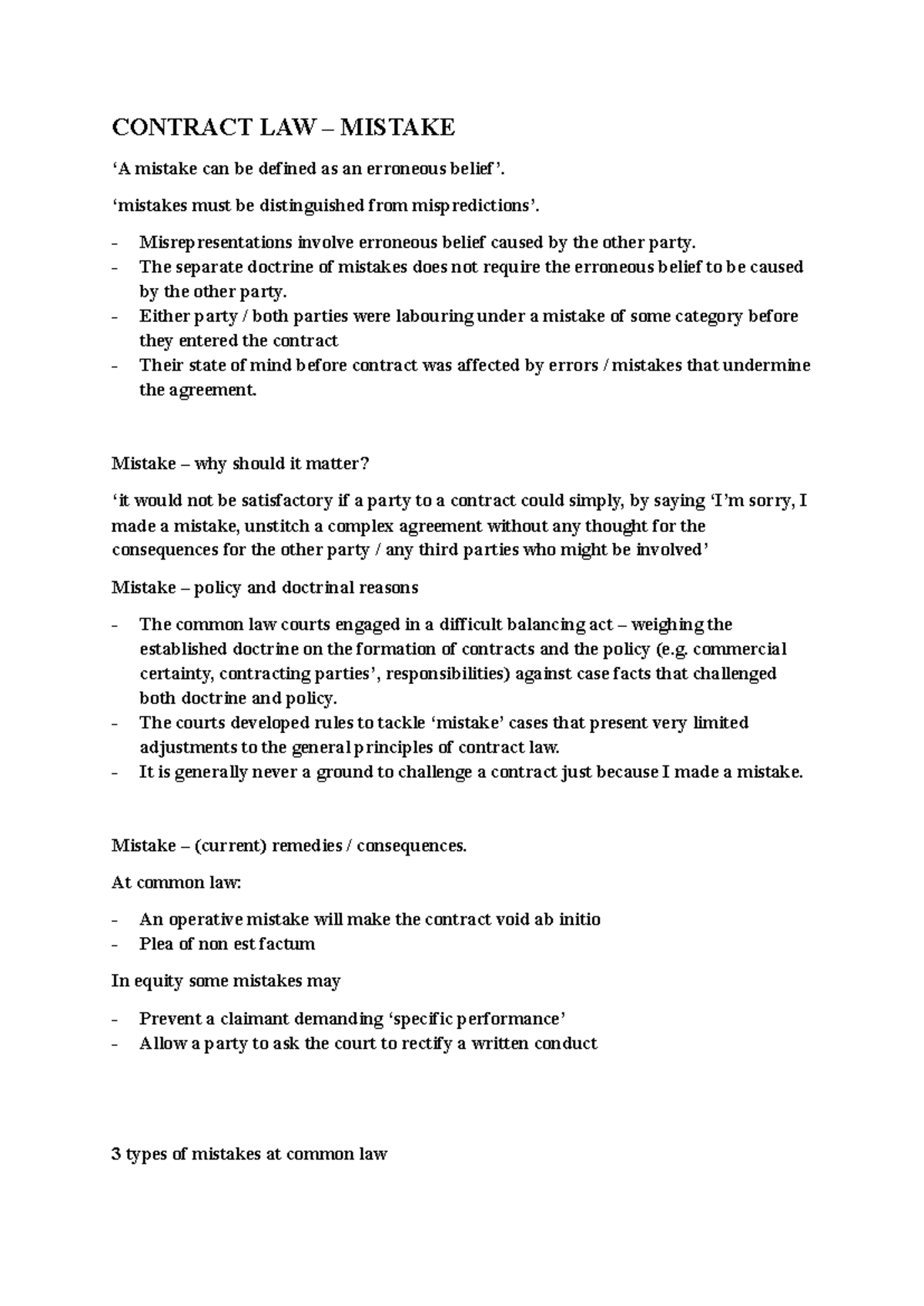 CONTRACT LAW (LAW101): Understanding Mistakes in Agreements - Studocu